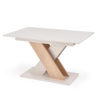 Table à manger extensible avec pied central beige et bois