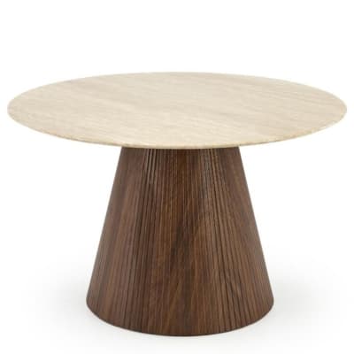 Table a manger ronde  plateau marbre travertin et pied bois 120cm
