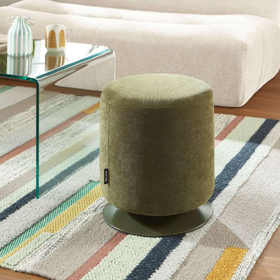 Pouf tissu chenille vert olive et pied métal pivotant