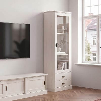 Vitrine avec 1 porte vitrée 2 tiroirs en pin blanc