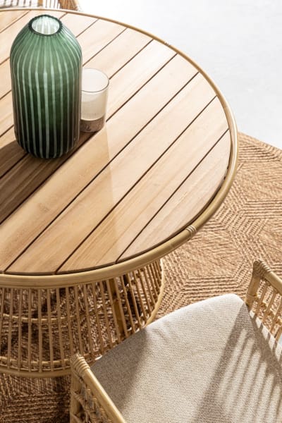 Table de jardin ronde en teck naturel et fibre effet rotin