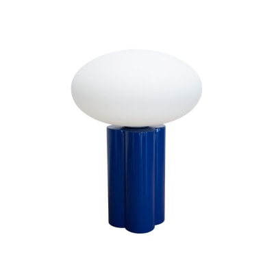 Lampe à poser métal bleu et globe opale