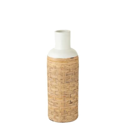Vase poterie en tissage blanc et rotin naturel 25x25x75 cm