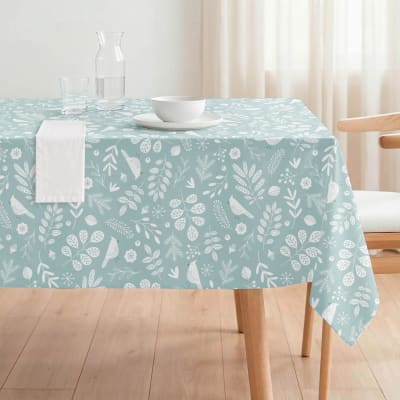 Nappe antitache enduite vert d’eau avec feuilles blanches 140x240