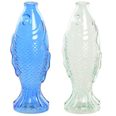 Set de 2 vases en verre vert et bleu poissons 10x7x26cm