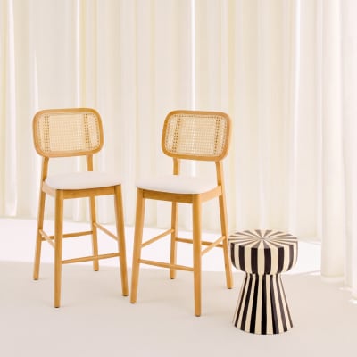2 tabourets de bar bois cannage et tissu naturel et beige