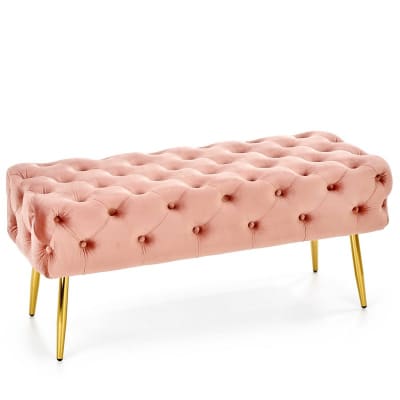 Banc capitonné en velours de polyester rose avec pieds en acier dorés