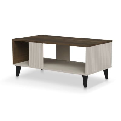 Table basse contemporaine aspect noyer avec finitions beiges