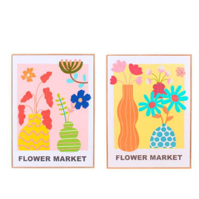 Set de 2 images encadrées colorées avec fleurs brodées 45x60cm