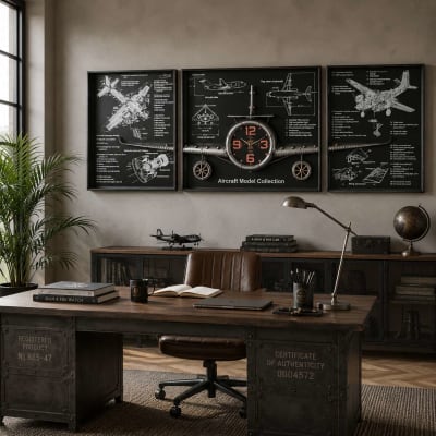 Ensemble de 3 horloges murales avion en acier argenté 175x21x64 cm