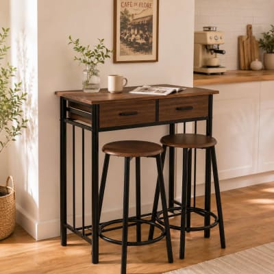 Ensemble table haute et 2 tabourets en acier noir