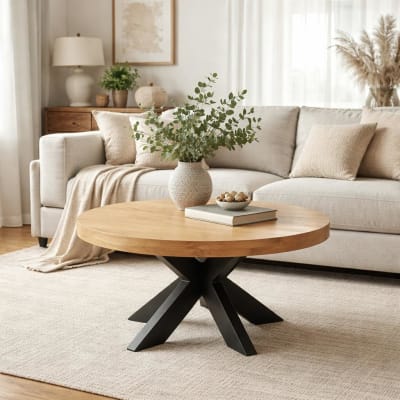 Table basse ronde en bois clair à pied croisé