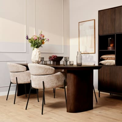Table à manger ovale bois foncé pieds courbes 240 cm