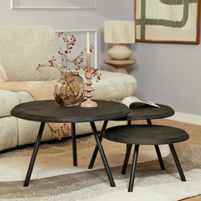 Table basse gigogne ronde bois et métal (lot de 3), bois noir