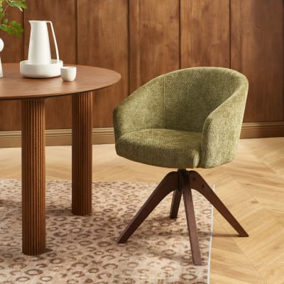 Fauteuil de table tissu chenille vert pied chêne massif