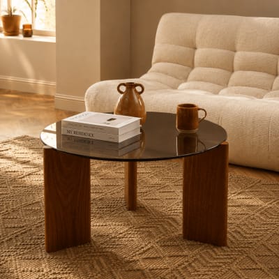 Table basse verre trempé noir et placage noyer 75cm
