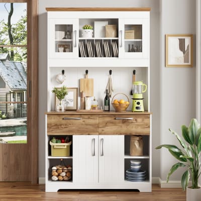 Vaisselier de cusisine blanc effet bois avec vitrines, tiroirs,crochet