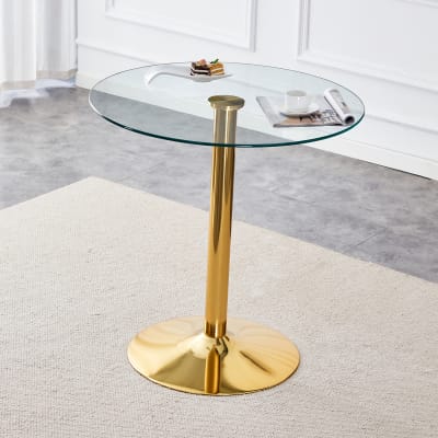 Table de bar ronde en verre trempé base doré, mange debout, 89x89x92cm
