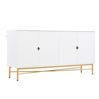 Buffet blanc motifs striés géométriques 4 portes, pieds dorés