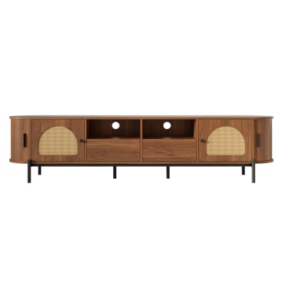 Meuble tv ovale en mdf noyer et rotin, portes coulissantes