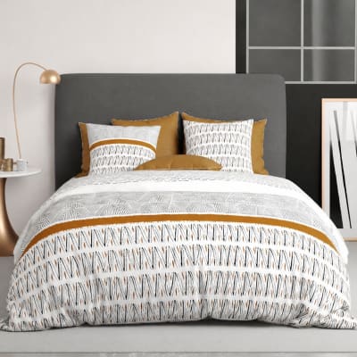 Parure  housse de couette 240x220cm + 2 taies motif graphique blanc, n