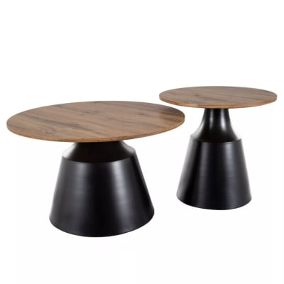 Ensemble de deux tables basses rondes avec plateau en chêne artisanal