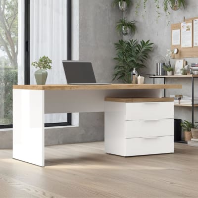 Bureau 160cm avec rangements blanc laqué plateau aspect bois cadiz