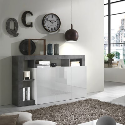 Buffet 3 portes blanc laqué avec niches aspect gris oxyde