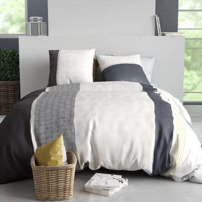 Parure housse couette 260x240cm 2 taies graphique blanc gris en coton
