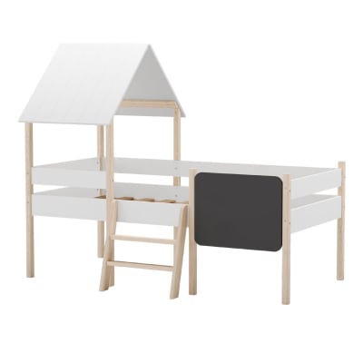 Lit surélevé 90x190 avec tête de lit cabane mdf blanc pin naturel