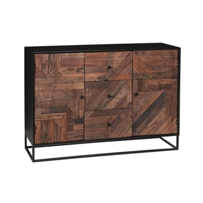 Buffet 2 portes 3 tiroirs en métal noir et bois recyclé