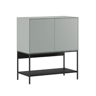Meuble d'appoint 2 portes mélaminé vert sauge pieds étagère métal noir