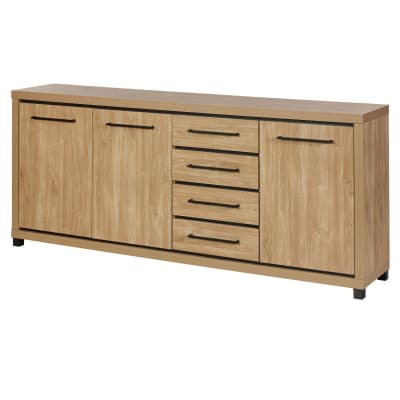 Buffet 3 portes 4 tiroirs bois houston oak poignées métal noires