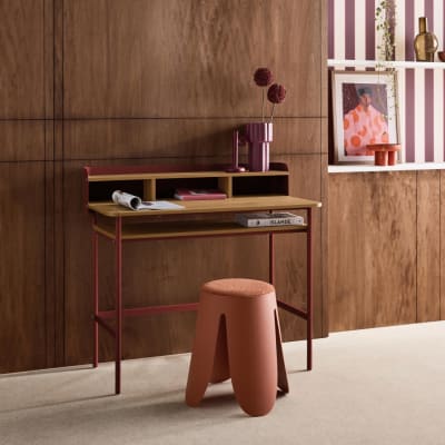 Bureau métal et décor bois 3 niches 100cm rouge