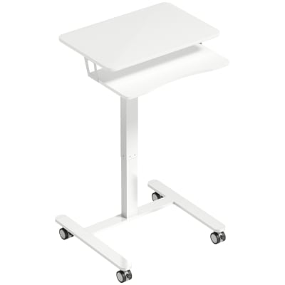 Bureau debout réglable hauteur plateau clavier roulettes acier blanc