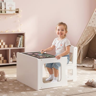 Bureau et chaise d'enfant plateau réversible tableau noir bois blanc