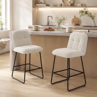 Lot de 2 tabourets de bar extra-large assise tissu bouclette crème