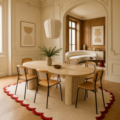 Ensemble table ovale effet bois 220cm et 6 chaises en rotin et bois