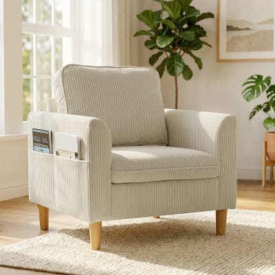 Fauteuil salon large assise coussin ressorts velours côtelé beige
