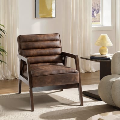 Fauteuil salon large assise coussin épais pu bois massif marron