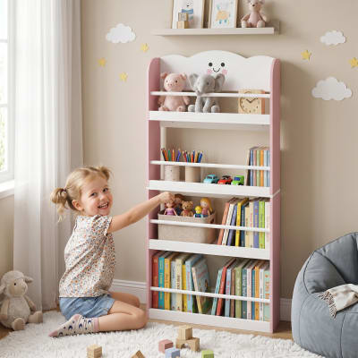 Bibliothèque enfant 4 niveaux thème barbe à papa bois rose