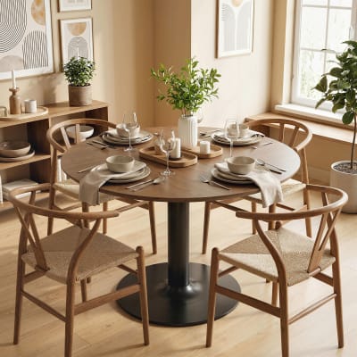 Table à manger ronde pour 4-6 personnes base en acier marron
