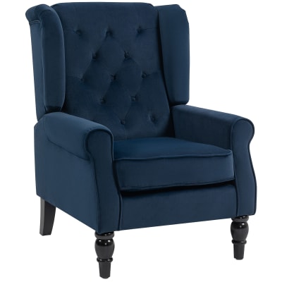 Fauteuil à oreilles dossier haut capitonné tissu velours bleu foncé