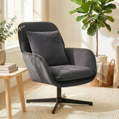 Fauteuil salon pivotant assise large coussin velours gris foncé