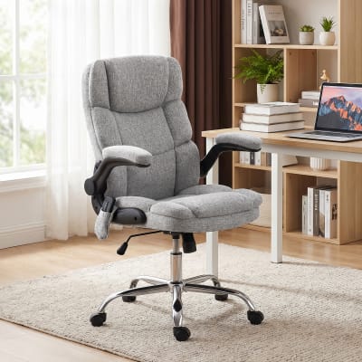 Fauteuil de bureau massant et chauffant tissu effet lin gris