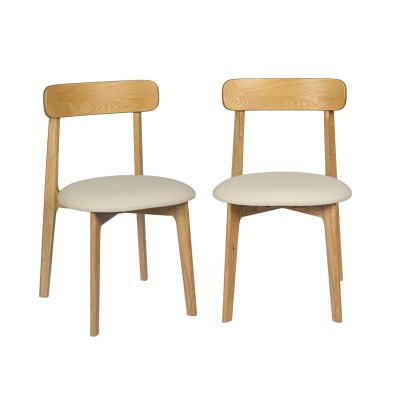 Lot de 2 chaises bois d'hévéa naturel et simili cuir beige