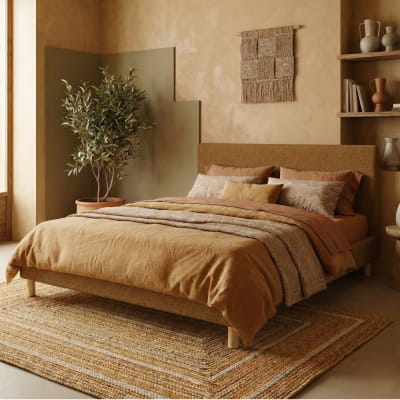 Lit en bouclette camel avec tête de lit 90x190 cm