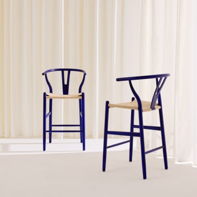 Lot de 2 tabourets de bar bois de hêtre et cordes bleu