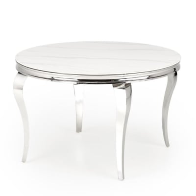 Table à manger ronde baroque  aspect marbre, pieds argentés 120cm