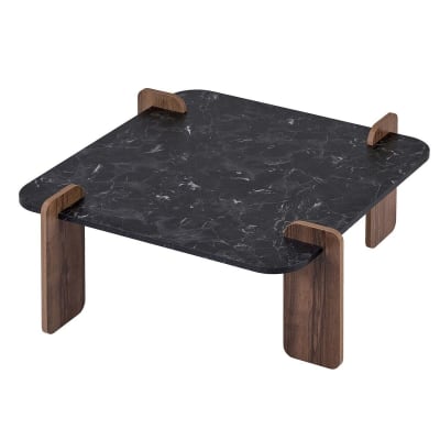 Table basse plateau carré l90 cm - effet marbre noir/ noyer